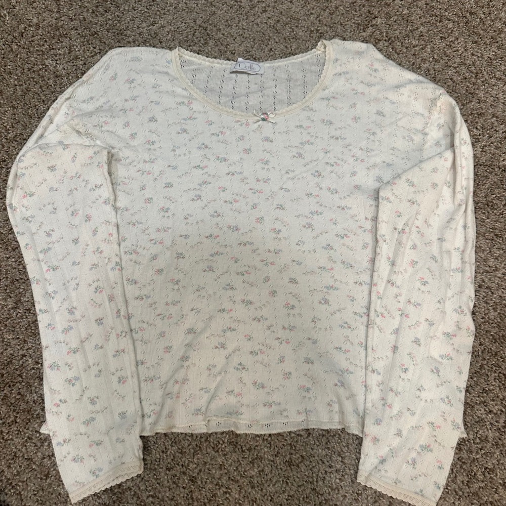 Vintage Ocello Womens Top Medium White Floral Pointelle Preowned Long Sleeve Bow